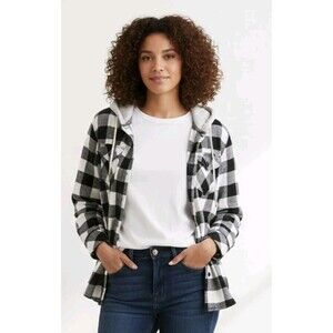Hurley Women’s Plaid Flannel Hoodie Shirt Size M Black White Cotton Button Up